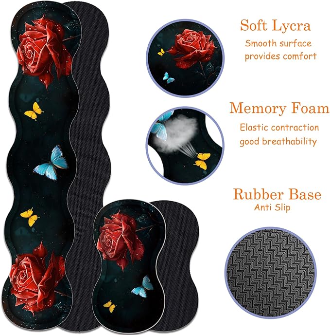 Large Gaming Mouse Pad + Keyboard Wrist Rest + Wrist Support + Coaster Set Memory Foam Ergonomic for Easy Typing XXL Extended Gaming Mouse Pad Table Pad - Starry Red Rose