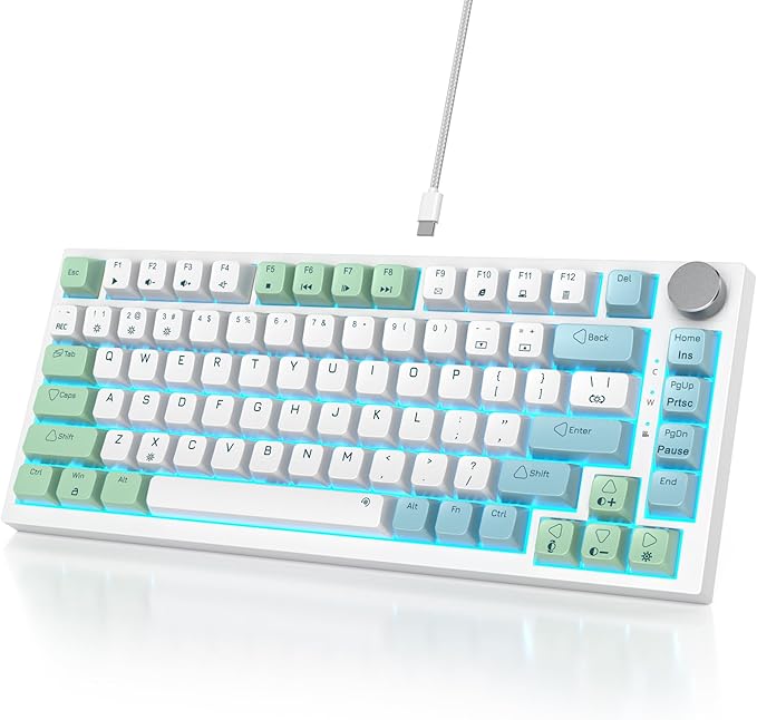 Owpkeenthy Wired 75% Hot Swappable Mechanical Keyboard Gasket Mounted TKL 82 Key Gaming Keyboard Linear Red Switch RGB Backlit with Volume Knob for PC Laptop (82 Mint)
