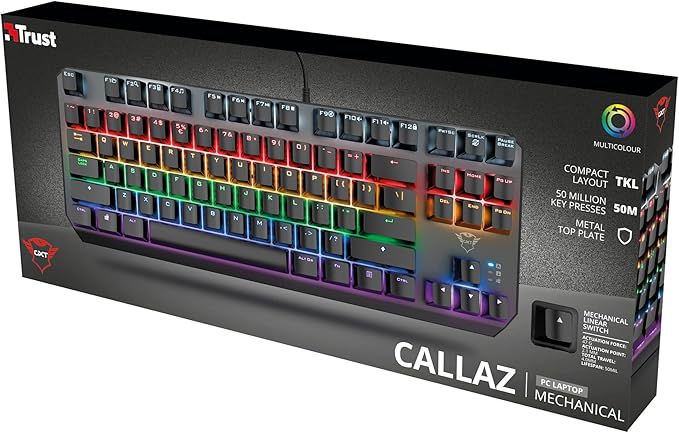 Trust Gaming GXT 834 Callaz TKL Mechanical Keyboard US/NL QWERTY Layout Outemu Switch Multicolor LED Lighting 12 Media Keys USB Gaming Keyboard 80 Percent for PC Laptop Mac Black