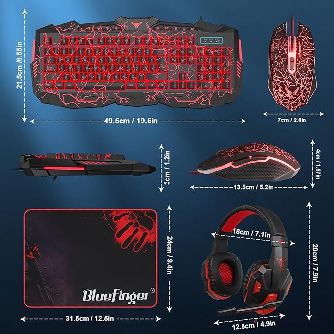 BlueFinger Gaming Keyboard Mouse Headset Combo USB Wired Crack Backlit114 Keys Letters Glow LED Keyboard Red LED Light Headset for Laptop PC Computer Work and Game