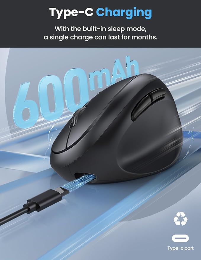 TECKNET Ergonomic Mouse Bluetooth Wireless Vertical Mouse Rechargeable Battery Quiet Clicks 4800 DPI Adjustable BT5.0/3.0 &amp 2.4G Connect Easy to use Wide Compatibility - Black
