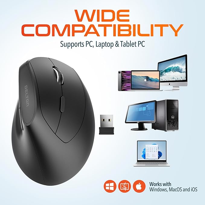 Delton S12P Vertical Computer Wireless Mouse 6 Buttons 3 Adjustable DPI (800/1200 /1600) Compatible with Windows/Laptop/PC/MacOS - Black