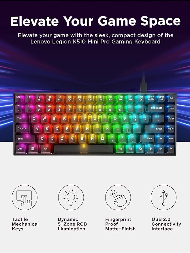 Lenovo Legion K510 Mini Pro Wired Mechanical Gaming Keyboard - 75% Compact Design RGB Illumination Hot-Swappable Mechanical Switches Programable Keys