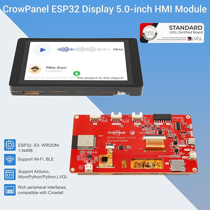 ELECROW ESP32 Display 800×480 5 Inch HMI Basic ESP32 RGB TFT LCD Touch Screen with Acrylic Case 32-Bit LX6 Dual-Core Processor Up to 240MHz Compatible with Arduino LVGL PlatformIO MicroPython