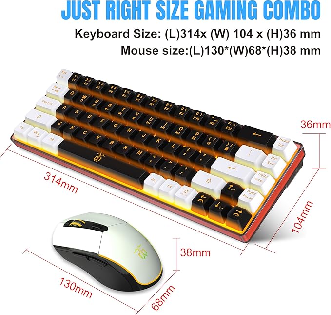 Snpurdiri 60% Wireless Gaming Keyboard and Mouse ComboOrange Backlit Rechargeable 2000mAh BatteryMini Mechanical Feel Anti-ghosting Keyboard + Popular RGB Mice for Gaming Office(Black-White)