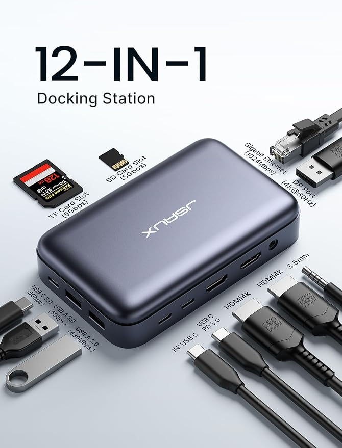 JSAUX 12 in 1 USB C Docking Station 3 Monitors for MacBook/Dell/HP/Lenovo/Steam Deck/Portable Monitor Laptop Docking Station with 4K DP 4K HDMI*2 100W PD USB 3.0 1000Mbps Ethernet SD/TF