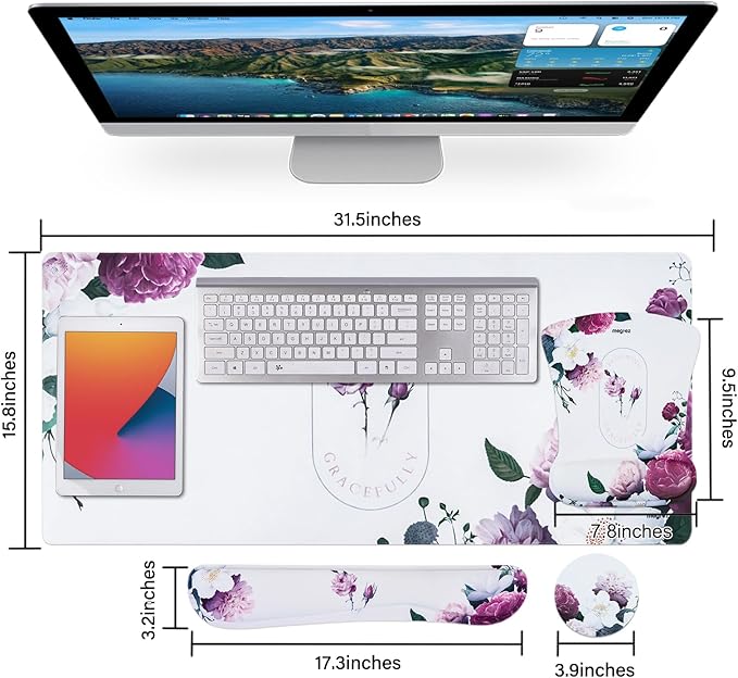 MEGREZ 4-in-1 Ergonomic Memory Foam Wrist Rest Set Desk Pad Mouse Pad with Wrist Rest Keyboard Pad Suitable for Office Workers Programmers &amp Gamers–Relieve Typing &amp Gaming Fatigue White