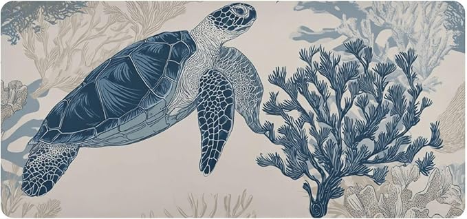 Mouse Pad Desk Mat Leather Desk Pad Large Gaming Desk Cover Protector Mat for Keyboard Computer Laptop Office Waterproof 47.2 x 23.6 Inch Beige and Blue Ocean Turtles Corals