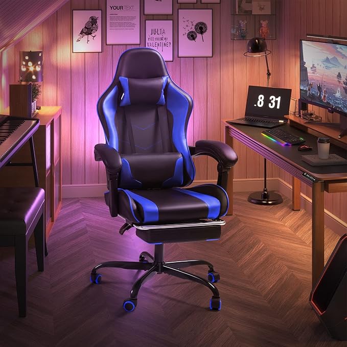 Shahoo Gaming Chair with Footrest and Massage Lumbar Support Video Game Chairs Height Adjustable Seat with Headrest for Office or Bedroom Study Room Dark Blue