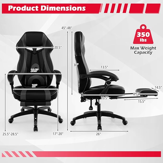 Giantex Gaming Chair with Footrest for Adults Reclining Video Game Chair w/Lumbar Support Racing Style Ergonomic Office Computer Chair Height Adjustable Swivel Gamer Chair for Gaming (Grey)