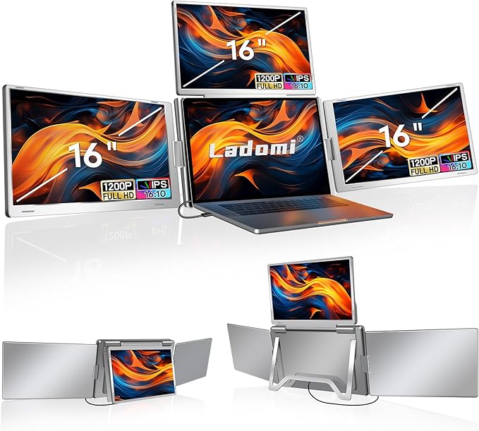 16 Laptop Screen Extender Just 1 Cable for 3 Screens Quad Monitor 1200P FHD Screen Extender for 12-18.5 Laptops Triple Portable Monitor for Wins/Mac M1|M2|M3|M4|M5