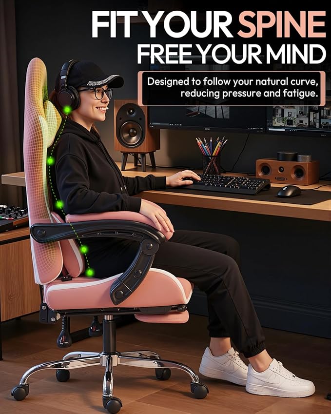 Dowinx Ergonomic Pink Gaming Chair with Footrest &amp Massage Lumbar 2D-Linkage Armrests for Cute Aesthetic Esports Chair for Girls Office Home and Long Gaming Sessions Pink