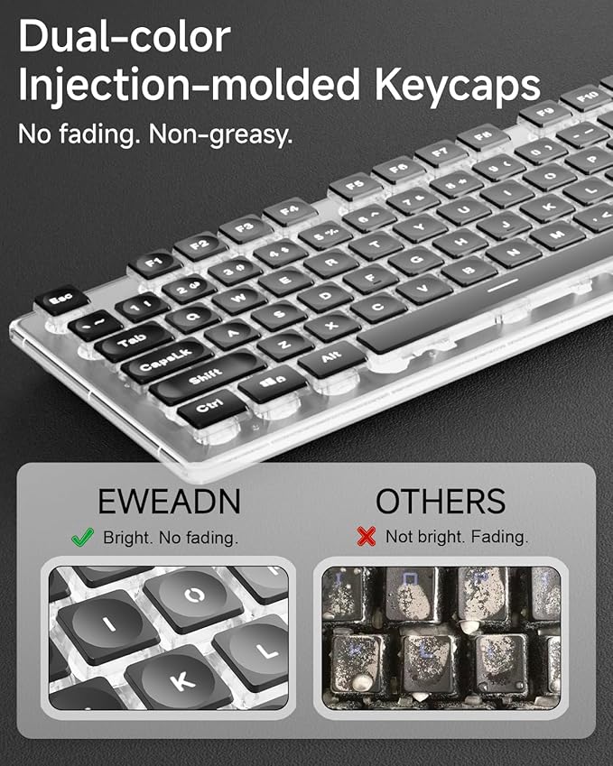 EWEADN GX710S Backlit Computer Keyboards Wired USB Keyboard with White Backlit Metal Panel Plug and Play Pudding Keycaps Full Size Quite Computer Keyboard for Win/PC/Laptop-Black