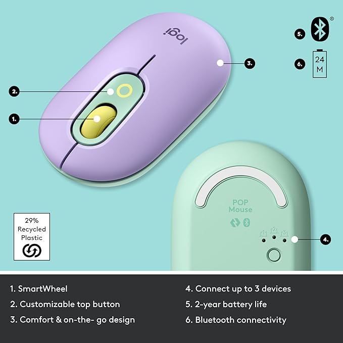 Logitech POP Mouse Wireless Mouse with Customizable Emojis SilentTouch Technology Precision/Speed Scroll Compact Design Bluetooth Multi-Device OS Compatible - Daydream Mint