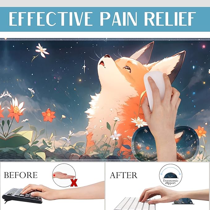 3-in-1 Large Mouse Pad Gaming Set (31.5 x 11.8 inch)+ Wrist Rest Pad + Coaster Memory Foam Gel Wrist Rest Pad for Pain Relief Stitched Edges Non-Slip Table Mat Red Fox Under The Stars