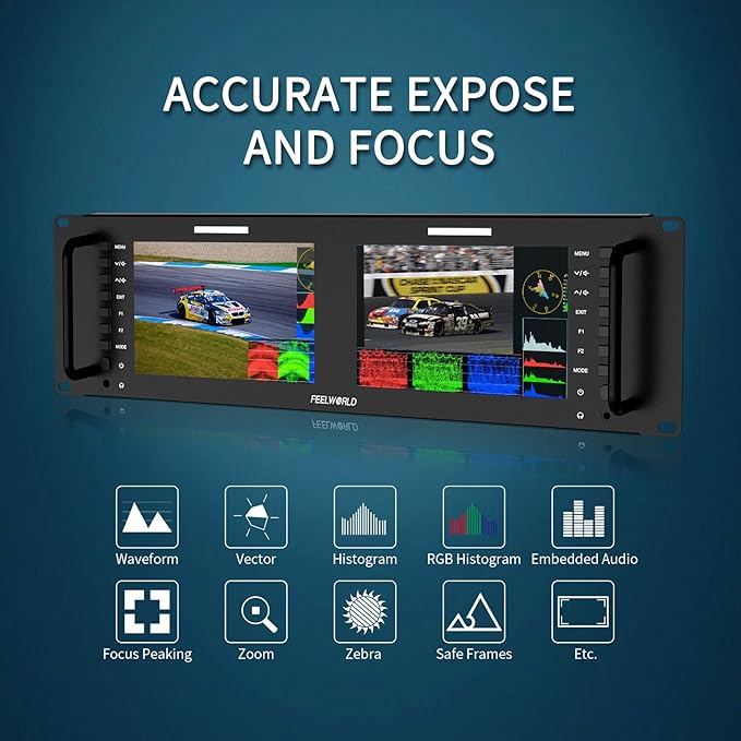 FEELWORLD D71 Plus-H Dual 7 Inch 3RU Broadcast Rack Mount Monitor with Waveform LUT IPS 1920x1200 HD LCD Screen HDMI AV Input and Output