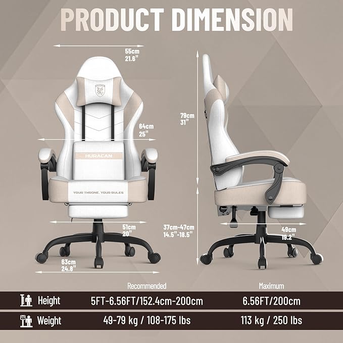 Ferghana Cotton Fabric Gaming Chair with Wider Seat Cushion Shield-Shaped Embroidery Ergonomic High Back Game Chair with Footrest Computer Chair with Massage Lumbar Support for Adult Beige
