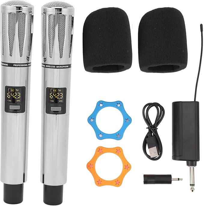 Acouto Professional UHF Cordless Dynamic Mic Microphone System Metal with Rechargeable Receiver 6.35mm F Wedding DJ Party Speech Use 240ft No Tangled Cords Plug and Play (Silver Color)