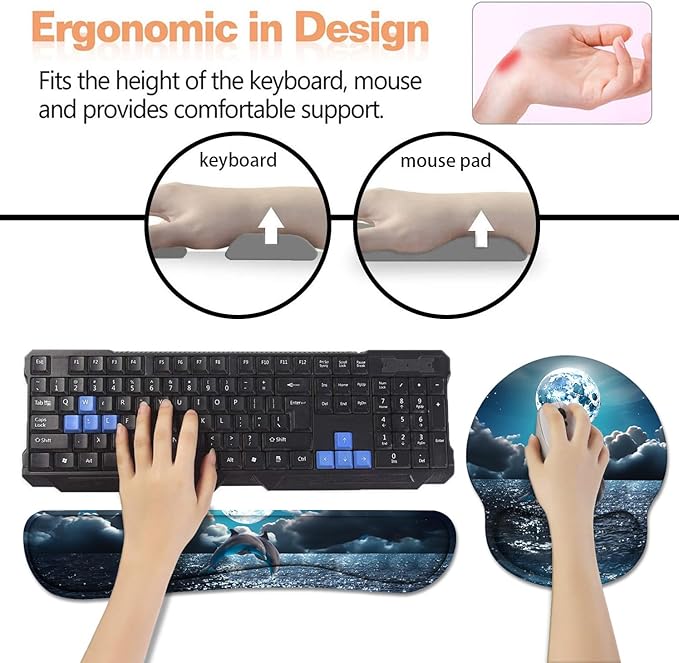 Keyboard Wrist Rest + Mouse Pad Wrist Support Set with Coasters Non-Slip PU Base Ergonomic Mousepad for Home Office Working Studying Easy Typing &amp Pain Relief Dolphin