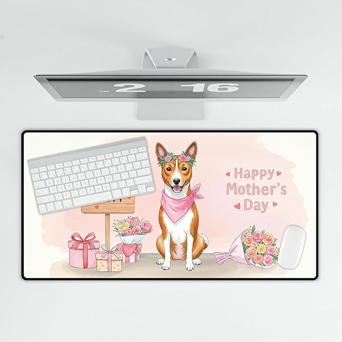 Happy Mother's Day Basenji Love Dog Mom Heart Flower Desk Mat Full Keyboard Mouse Pad African Barkless Dog Lover Large Mousepad 12004