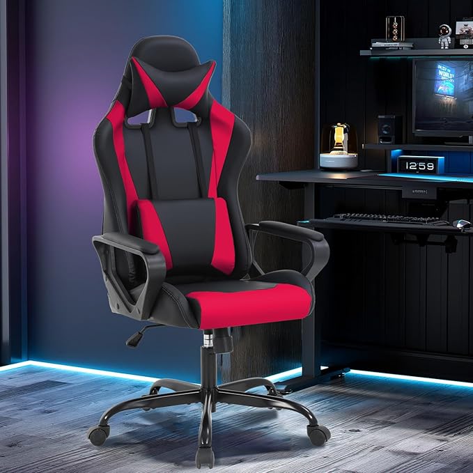 Gaming Chair High-Back Office Chair Ergonomic Video Game Chairs Height Adjustable Reclining Computer Chair with Lumbar Support Armrest Headrest Swivel Chair Game Chair for Adult Teen - Red