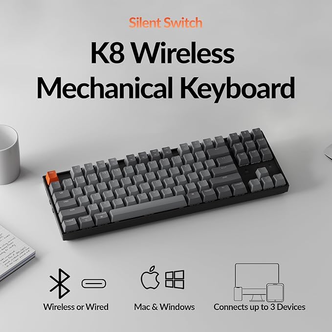 Keychron K8 Wireless Mechanical Keyboard – Silent Red Switch for Quiet Office and Gaming TKL 87 Keys Soft White LED Backlight Bluetooth &amp USB-C Wired Connectivity Compatible with Mac and Windo
