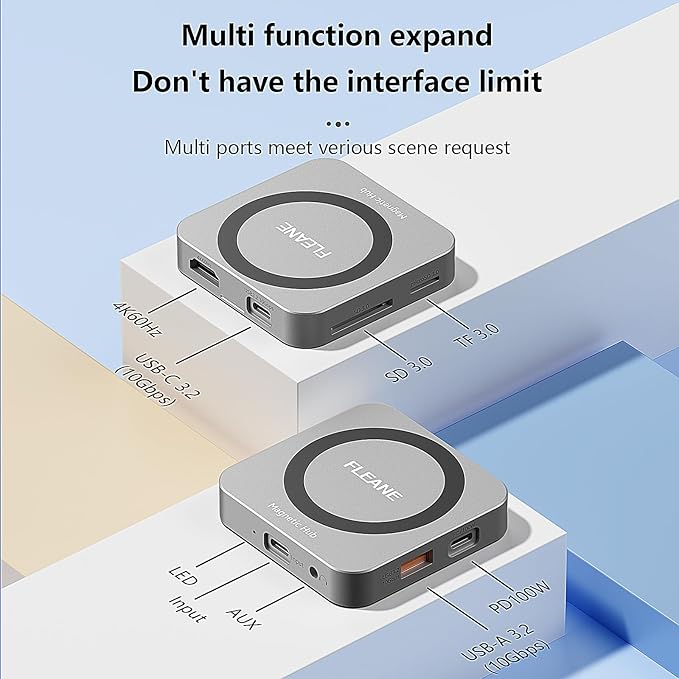 Magnetic USB C Hub 8 in 1 &amp Type-C Docking Station M.2 NVMe 2230 SSD Enclosure 4K@60Hz HDMI 10Gbps USB-A/USB-C 3.2 SD/TF 3.0 Card Solt AUX 100W PD for iPhone 15 16 MacBook Pro Air Laptop