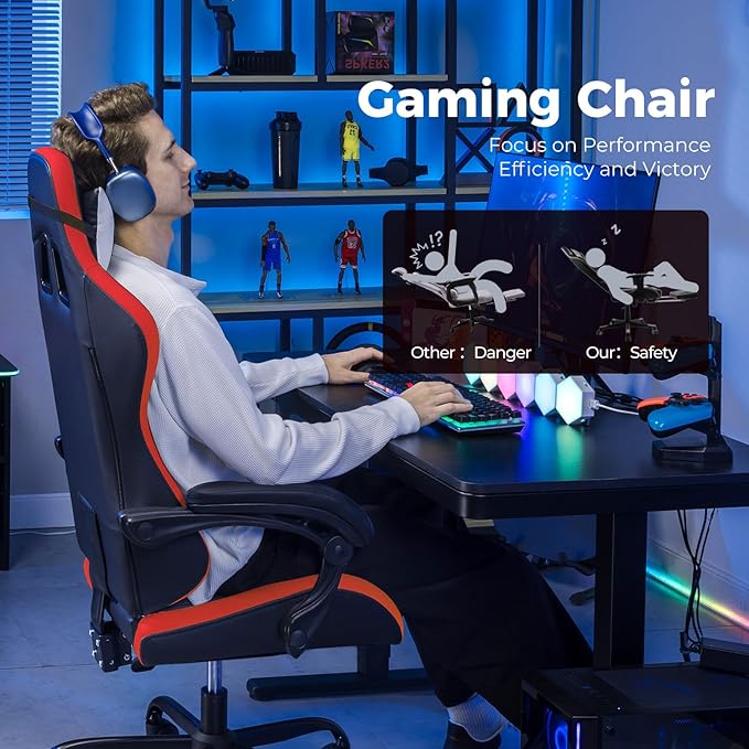 GTPLAYER Gaming Chair Video Game Chairs Racing Style PC Game Chairs 350lbs for Adults - Padded High Back Ergonomic Reclining Silla Gamer Linkage Armrest Red