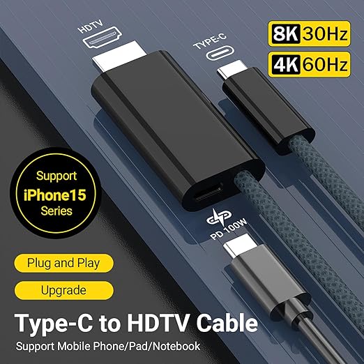 PRO USB Type-C HDMI 8K Compatible with Motorola Moto G Power (2024) +100W Power Support Cable at Full 8k 7680x4320@30Hz/4k 2160p@60Hz [Thunderbolt 3/4] Black
