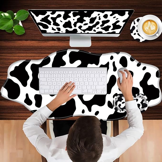 Mouse Pad with Wrist Support + Desk Mat + Coaster 3 in 1 Set XXL Large Gaming Mousepad Ergonomic Mouse Pads for Desk Computer Laptop OfficeCute Cow Print