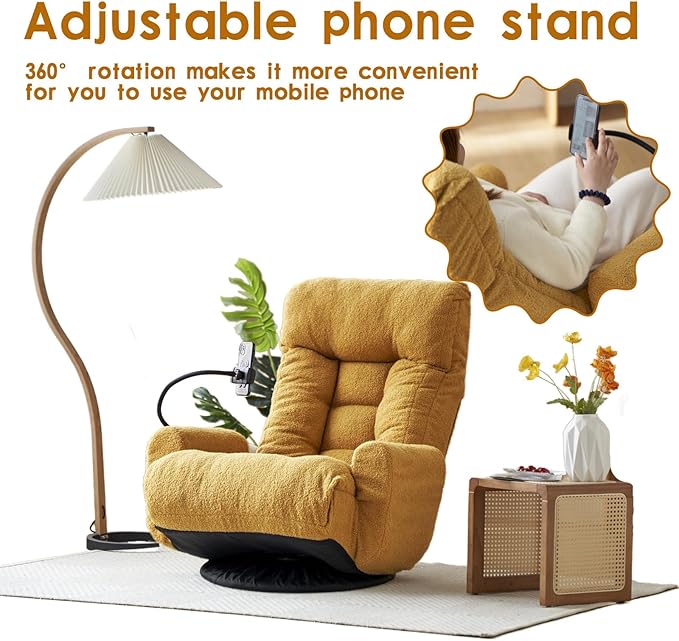 Gaming Lounge Chair Swivel Floor Gaming Chair Adjustable Head and Waist with Armrests &amp Side Pocket &amp Phone Holder Floor Rocker Gaming Chairs for E-Sports Reading Relaxing Watching TV (Y