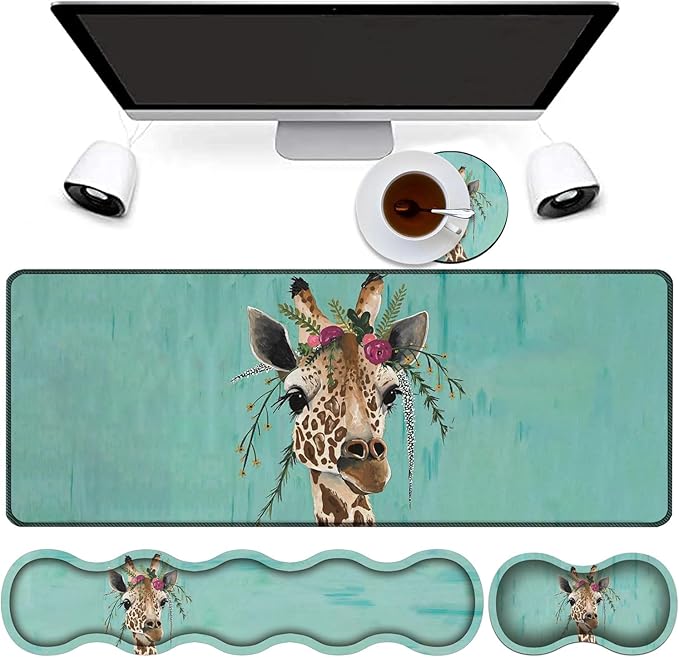 4 in 1 Mouse Pad Combo Large Gaming Mouse Pad + Keyboard Wrist Support + Mouse Wrist Rest + Coaster Table Pad with Stitched Edge Memory Foam Ergonomic Wrist Pad Set Giraffe with Floral Headgear