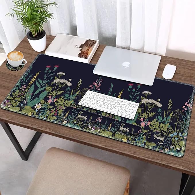 AIMSA Large Gaming Mouse Pad Set Keyboard Wrist Rest Support + Extended Mouse Pad + Mouse Wrist Cushion + Coaster Ergonomic Multifunctional Desk Mat 35x15.7in Anti-Slip Rubber Base (Flowers Plants)