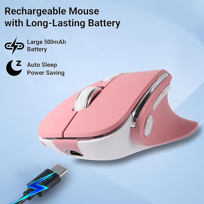 Ergonomic Mouse JigglerBluetooth Vertical Wireless MouseLED Rechargeable Optical Computer Mice Portable(BT5.2 or USB 2.4GHz) Dual Mode1000/1600/2400 DPI8 Buttons for LaptopPCMacbook (pink)