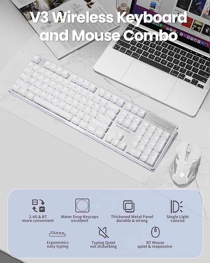 V3 Wireless Keyboard and Mouse with Single Backlit Metal Panel Bluetooth/2.4G Rechargeable Computer Keyboard and Mouse Combo Silent Lighted Full Size Cute Keyboards-White