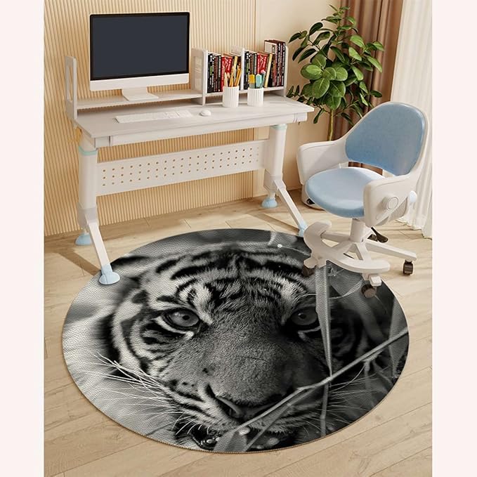 Black Grey White PU Leather Gaming Chair Mat Office Chair Mat Tiger Nature Predator Watercolor Hardwood Floor Floor Mats Office Chair Desk Chair Anti Slip Floor Protector Animal Diameter 47.2 in