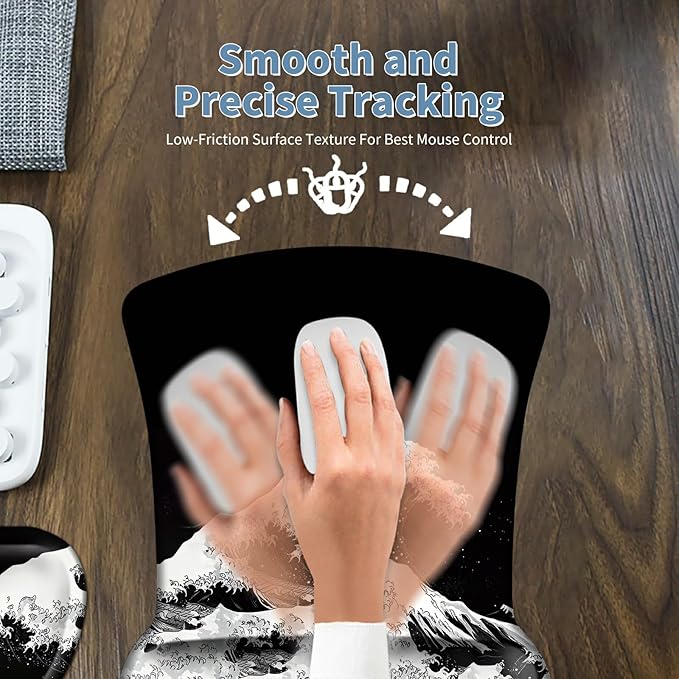 Keyboard Wrist Rest and Mouse Wrist Rest Pad Set Made of Memory Foam with Non Slip Rubber Base Ergonomic Gel Wrist Rest for Computer Keyboard Gaming Office Working with Japanese Sea Wave Coaster