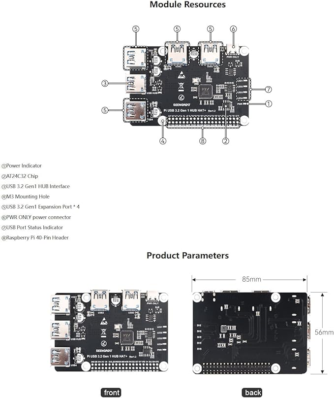 USB 3.2 Gen1 HUB HAT+ for Raspberry Pi 4-Port USB 3.0 Expansion Board with Type-C Power Supply Onboard EEPROM Plug &amp Play USB Hub Adapter Compatible with USB 2.0/1.1 Devices