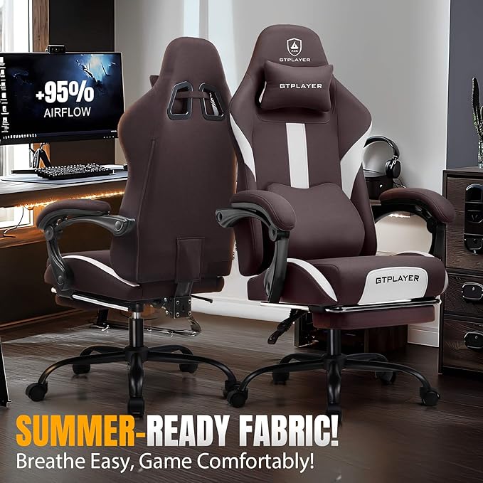 GTPLAYER Gaming Chair with Foot Rest &amp Pocket Spring Cushion Breathable Fabric for Home Office Desk Ergonomic High Back Computer Chair with Headrest &amp Lumbar Support Brown