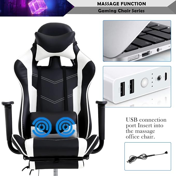Video Game Chair Ergonomic PC Gaming Chair PU Leather Computer Game Chair with Headrest and Footrest Adjustable Armrest High Back Lumbar Support Racing Swivel Chair for Adults Kids White