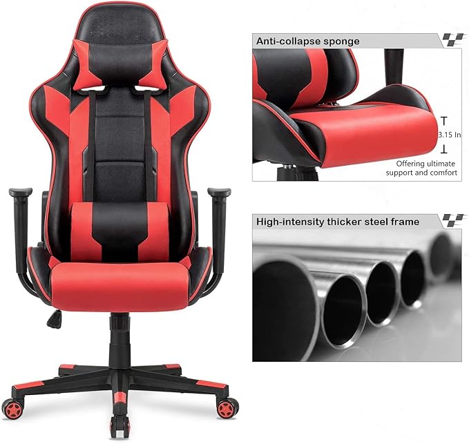 WANYE Adult Gaming Chair Gaming Chair Gaming Chair with Massage Reclining Gaming Chair High Back PC Gaming Chair Ergonomic Gaming Chair (Red) Red