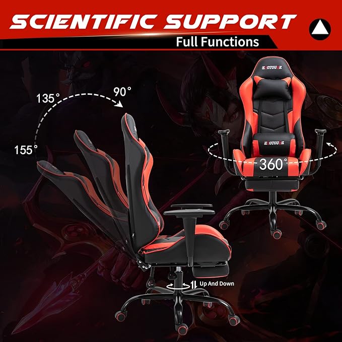 ECOTOUGE PC Massage Gaming Chair with Footrest Ergonomic Office Desk Chair Adjustable Massage Lumbar Cushion and Headrest Red