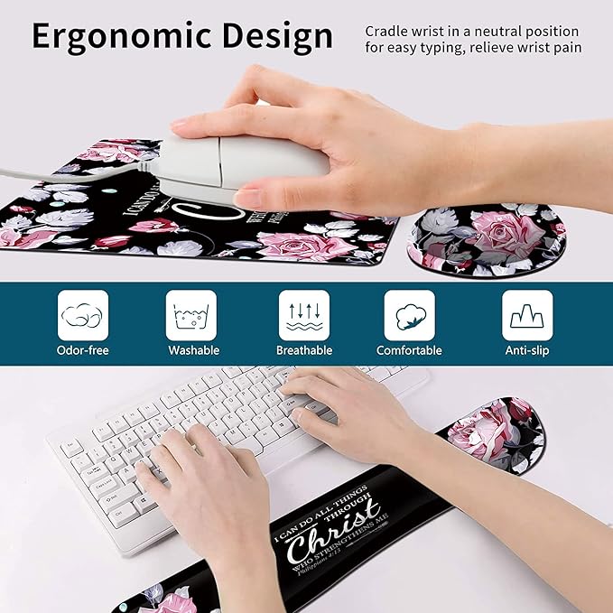 Mouse Pad with Wrist Rest+Keyboard Wrist Rest+Coaster All in One Mouse Pad Set of 4 for Easy Typing Pain Relief RYUITHDJP Memory Foam Wrist Support for Office Home Inspirational Quote Christian