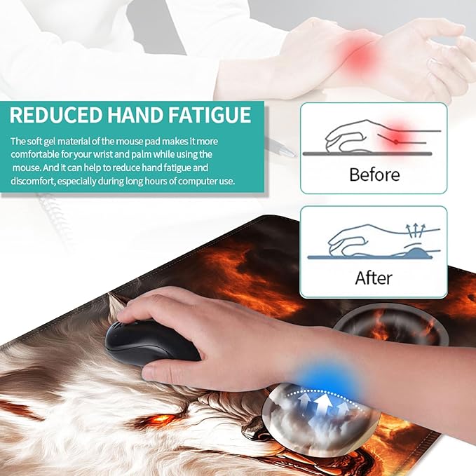 Keyboard Mouse Pad Set Extended Gaming Mouse Pad+Ergonomics Keyboard Wrist Rest Support Memory Foam Easy Typing Pain Relief 4Pcs XL Ultra Thick Desk MatFlaming White Wolf Art