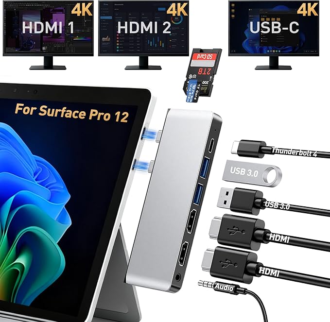 Surface Pro 12 Docking Station Quad Display Surface Pro 12 USB Hub with Dual 4K HDMI Thunerbolt 4 Hub (4K@60Hz Display+ 40Gbps Data+ 100W Charge) 2 USB3.0 SD/TF Audio for Surface Pro 12 inch 2025
