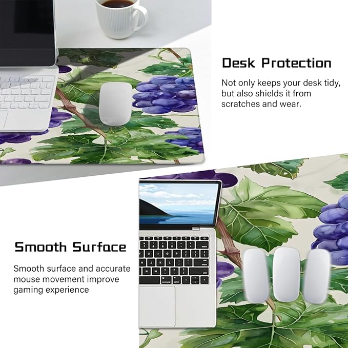 Fruit Purple Grape Leaf Large Mouse Pad Gaming Mousepad Desk Mat for Desktop Computer Keyboard Waterproof Mouse Mat Desk Pad with Non-Slip Base for Game School Office Home 35.4 x 15.7