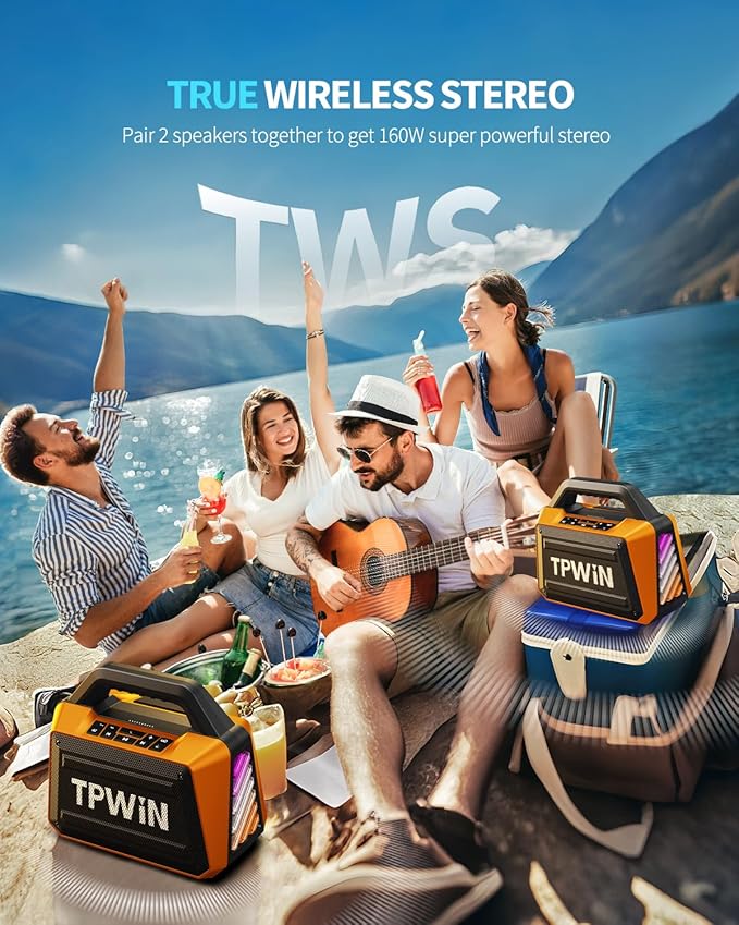 Bluetooth Speaker - 80W Loud Rugged Outdoor Speakers IPX6 Waterproof 20H Playtime Deep Bass Lightshow TWS BT 5.3 Wireless Portable for Travel Hiking Camping Beach Pool - Orange