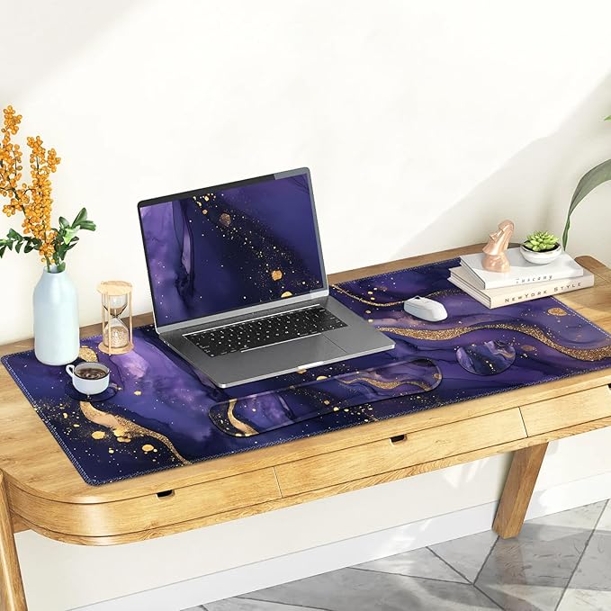Large Gaming Mouse Pad Set 4 in1 Ergonomics Keyboard Desk Mat with Memory Foam Wrist Rest Extended Game Mousepad Non-Slip Desk Pad Matt Easy Typing Pain Relief I Purple Golden Marble