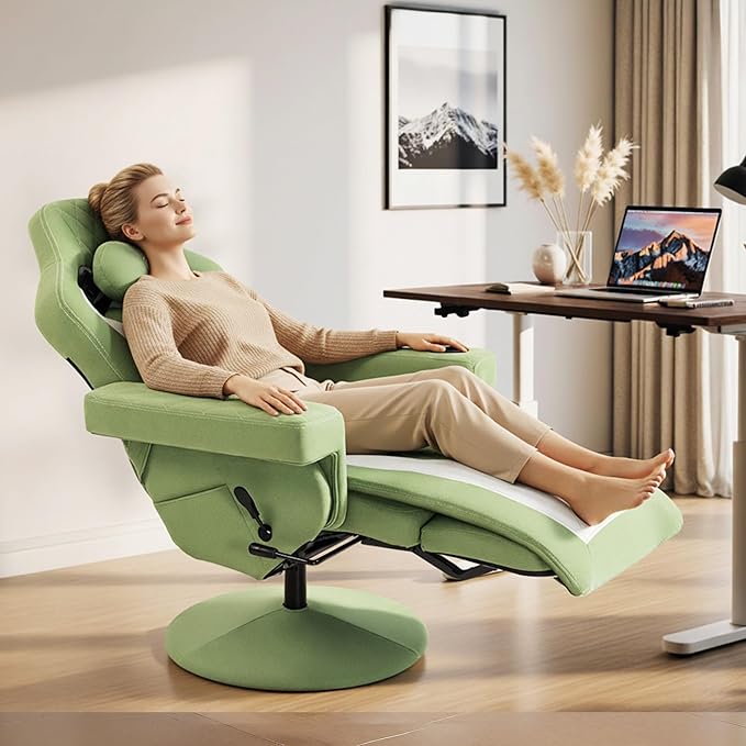 Dowinx Racing Style Gaming Recliner Chair with Massage Lumbar Support Footrest Cup Holder Side Pouch High Back Ergonomic Video Game Chair Reclining No Wheels Heavy Duty Fabric Green