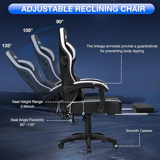 HOFFREE Gaming Chair Computer Chair with Speakers Massage Game Chairs with Footrest Bluetooth High Back Ergonomic Computer Gaming Chairs for Adults Reclining Video Gamer Chair White and Black